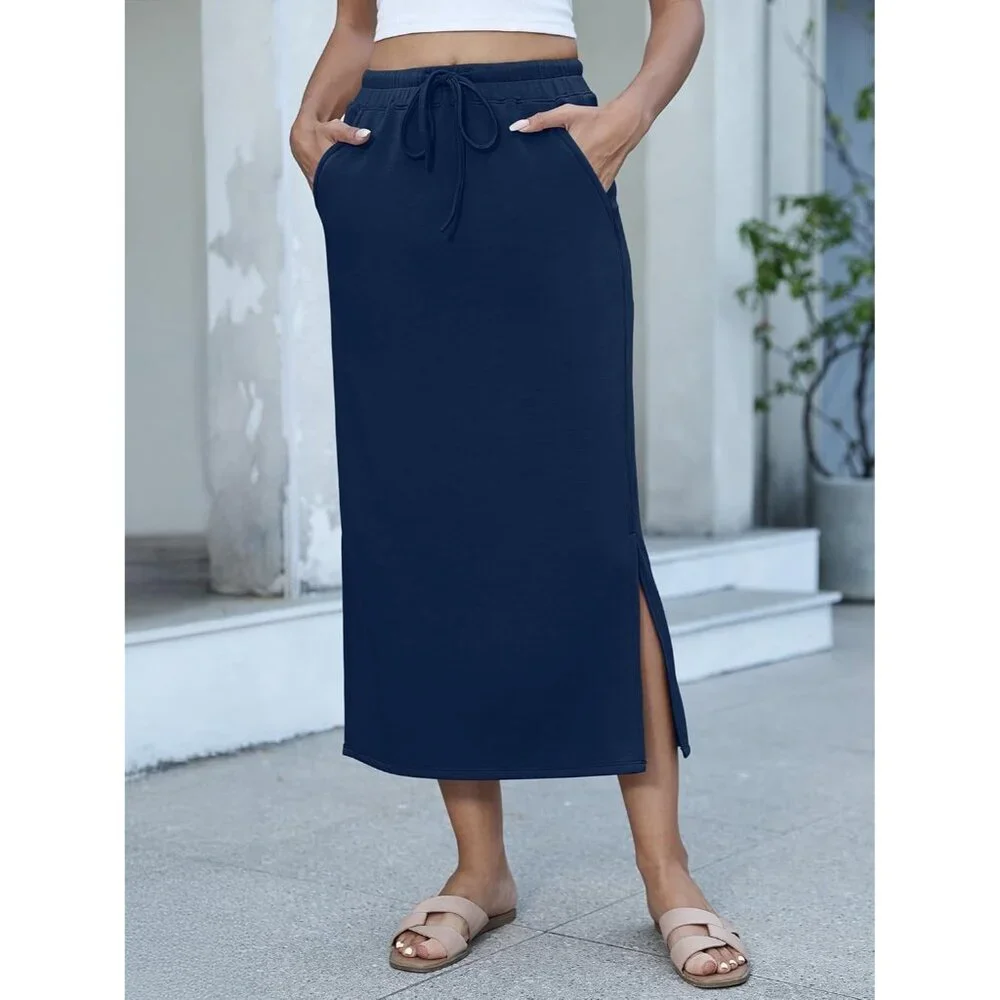 Women's Navy Blue Drawstring Side Slit Spring Casual Pencil Pockets Maxi Skirt - Picture 6 of 6
